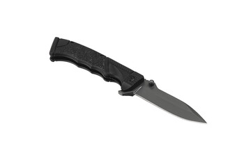 Obraz premium Pocket folding knife isolate on white back. Compact metal sharp knife with a folding blade.