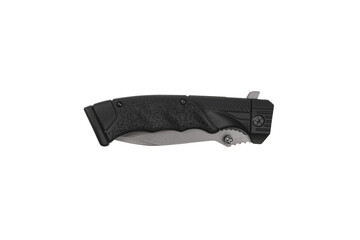 Pocket folding knife isolate on white back. Compact metal sharp knife with a folding blade.