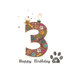 Three candle.Paw prints and bone third birthday candle greeting card. Birthday greeting card