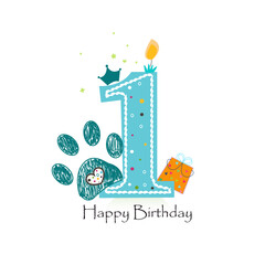 First birthday one candle greeting card with doodle paw prints. Birthday greeting card