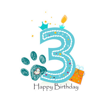 Third birthday three candle greeting card with doodle paw prints. Birthday greeting card