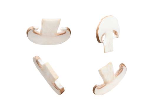 Brown champignon, set of pieces of Portobello mushroom isolated on white background, clipping path, full depth of field. Focus stacking