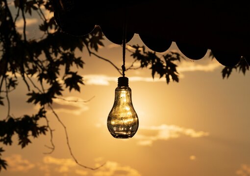 Selective focus horizontal image of a light bulb in the background of the golden sunset