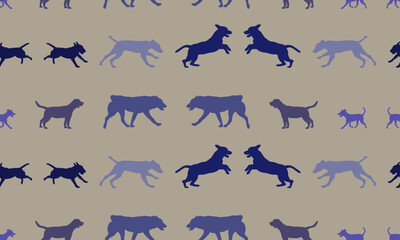 Seamless pattern. Silhouette dogs different breeds in various poses. Endless texture. Design for fabric, decor, wallpaper, wrapping paper, design.