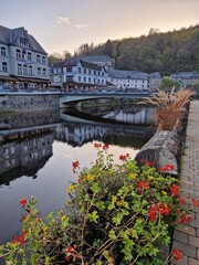 Riverbank of picturesque village of La Roche En Ardenne (Belgian Ardennes) along the river Ourthe...