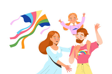 Happy Family Flying Kite with Daughter Having Fun and Playing Outdoor Vector Illustration