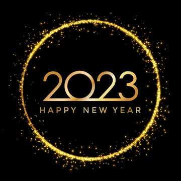 2023 golden New Year in golden sparkling ring with dust glitter on dark background, Happy New Year decorative shiny design for award celebration - stock vector