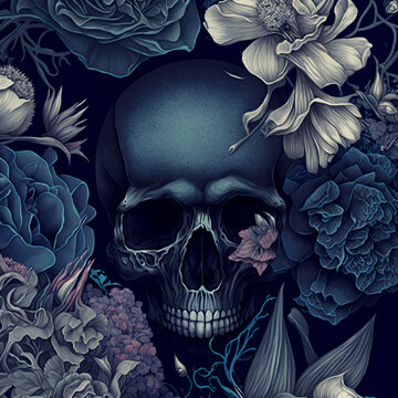 Skull and Flowers, Vintage illustration. Elegant tattoo design. Digital illustration for prints, posters, postcards, stickers, tattoo	