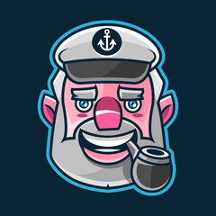 Bearded ship captain or skipper with a pipe and peaked cap for marine nautical logo design