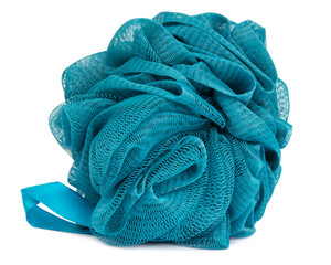 Blue bath puff shower sponge isolated on the white background