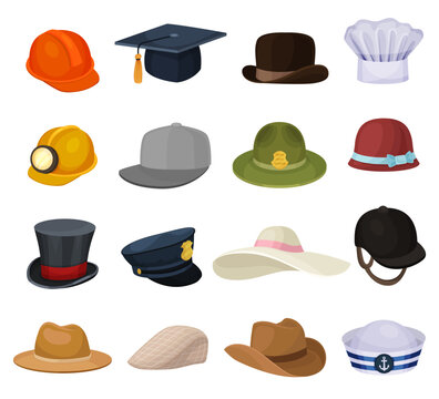 Different hats set. Headwear of chef cook, sheriff, builder, seaman, pilot. Male and female headgears cartoon vector