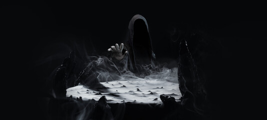 Mystical rocks in smoke on a dark background. Scary man in a hood is engaged in black magic.