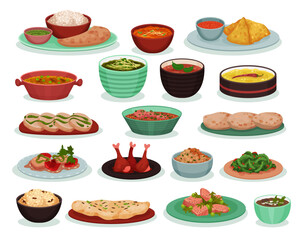 Traditional Indian Food and Dishes Served on Plate Big Vector Set