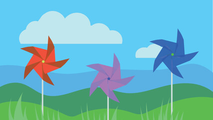 Colorful paper wind turbine on blue sky , nature background vector illustration