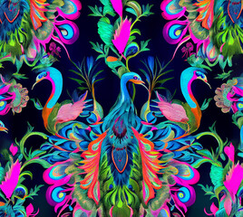 Chinoiserie peacock pattern, colorful bright and fun pattern