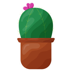 Cactus in the form of a ball with thorns and a flower in a cartoon style for the design of stickers, postcards, websites