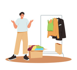 People characters donate to charity. Volunteers collect and put clothes in donation boxes. The concept of charity.