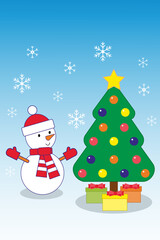 Cheerful snowman and Christmas tree. Christmas card.
