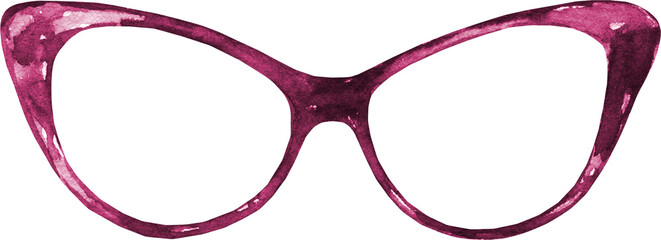 Watercolor red,pink cat eye glasses illustration.Hipster funny clothes accessories, character creator decor fashion element isolated. Cute drawing clipart element cutout for woman,summer clothes,diy	
