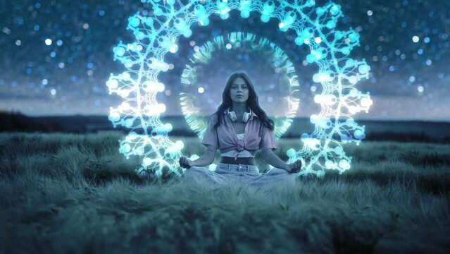 Woman in lotus position over shine ornate mandala. Starry sky with hills at summer. Beautiful girl having a yoga meditation session in the field during a starry night - healthy lifestyle, zen concept