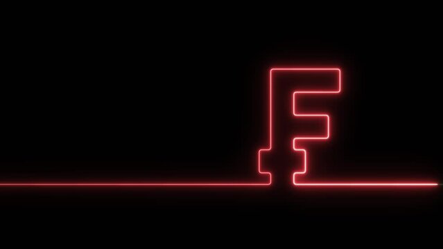 Neon glowing single line in shape of symbol of Swiss currency Franc on a black background. Bright red and green laser oneline illustration for financial or economic background