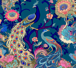 Chinoiserie peacock pattern, colorful bright and fun pattern