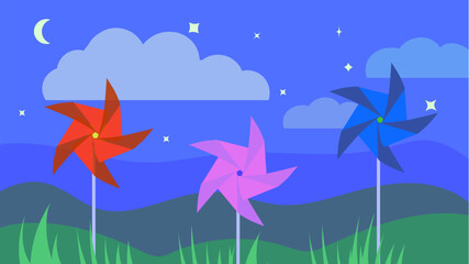 Colorful paper wind toy on the night sky, nature vector illustration