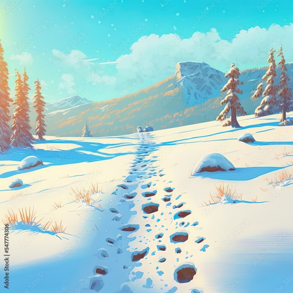 Sticker Winter nature in amazing sunny day. Hiking trail with footprints in snow, frosty atmosphere, Orlicke hory mountains, Czechia