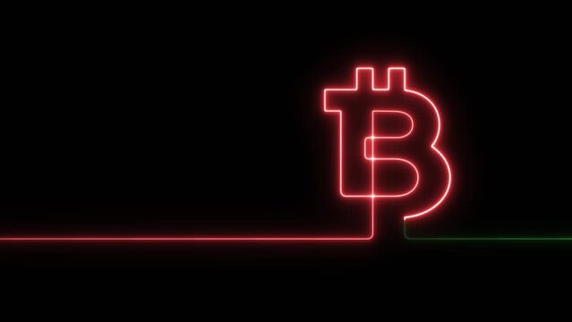 Neon glowing single line in shape of symbol of cryptocurrency Bitcoin on a black background. Bright red and green laser oneline illustration for financial or economic background