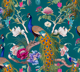 Chinoiserie peacock pattern, colorful bright and fun pattern