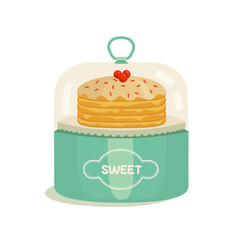 Cake in portable storage container vector icon. Transparent dome lid, container, box, for transporting pie, cake, cupcakes. Plastic round holder carrier container. Home baking, household baking tool