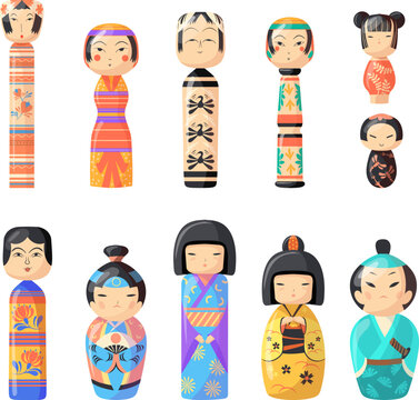 Kokeshi doll. Japan dolls mascot in kimono, traditional japanese toy cartoon kawaii chinese girl cute face adorable puppe souvenir asian girls toys, set neat vector illustration