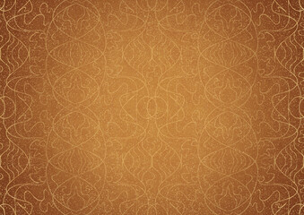 Hand-drawn unique abstract ornament. Golden splatters and light yellow on a darker yellow background and vignette in golden glitter on a darker background color. Paper texture. A4. (pattern: p02-1b)