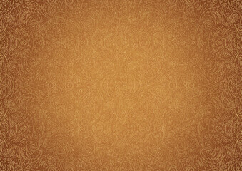 Hand-drawn unique abstract ornament. Golden splatters and light yellow on a darker yellow background and vignette in golden glitter on a darker background color. Paper texture. A4. (pattern: p03b)