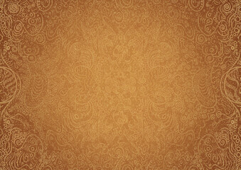 Hand-drawn unique abstract ornament. Golden splatters and light yellow on a darker yellow background and vignette in golden glitter on a darker background color. Paper texture. A4. (pattern: p04a)