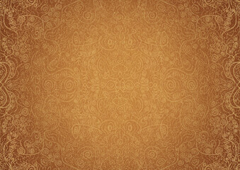 Hand-drawn unique abstract ornament. Golden splatters and light yellow on a darker yellow background and vignette in golden glitter on a darker background color. Paper texture. A4. (pattern: p06a)