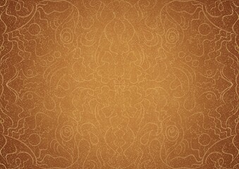 Hand-drawn unique abstract ornament. Golden splatters and light yellow on a darker yellow background and vignette in golden glitter on a darker background color. Paper texture. A4. (pattern: p07-1a)