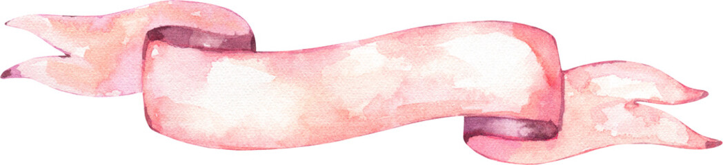 Watercolor ribbon illustratio. Hand painted realistic detailes drawing clipart. Pink,blue,peach, orange sign, banners for baby shower,greeting card, wedding,invitation card design, place for text, 