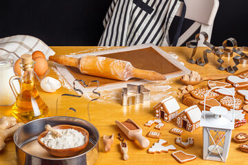 Christmas gingerbread houses and different shaped cookies with sugar icing on wooden table, close up with selective focus