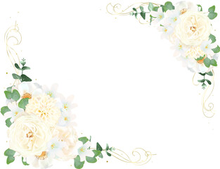 Obraz na płótnie Canvas 美しい白いバラの花とリーフの招待状横ゴールドフレームベクターイラスト素材