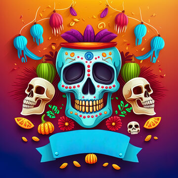 Skull and Bones. The day of Dead. Traditional Feast of Dia De Los Muertos. Colorful poster and banner for Halloween. Realistic 3d design in plastic style. Happy Festive background. 2d illustrated