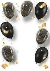 background with black and shiny balls. template for postcard with confetti