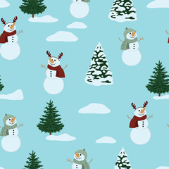 Christmas pattern with snowmen and firs. Pattern for scrapbooking, textile, creativity. Vector, illustration.
