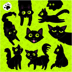 Vector illustration set of black playful black cats. Background for fabric, wallpaper, design. Children's illustration.