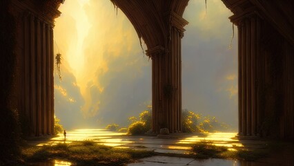 Fototapeta premium Large panoramic arched windows. Fantasy interior of the palace with windows to the garden. Rays of the sun, shadows. Majestic window.