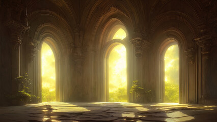 Large panoramic arched windows. Fantasy interior of the palace with windows to the garden. Rays of the sun, shadows. Majestic window.