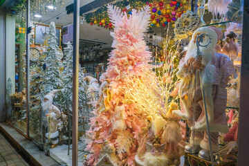 Christmas shop window decorated with christmas gift Beautiful festive Christmas storefront with...