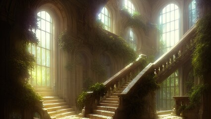 Staircase in the palace leading to the top. Large panoramic windows. Fantasy interior with a garden. Rays of the sun, shadows. Majestic staircase. 3D illustration.