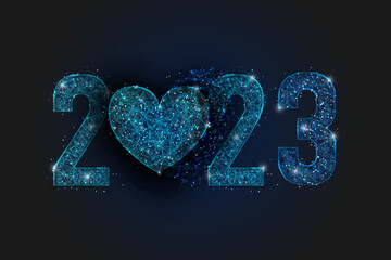 Abstract isolated blue image of new year number 2023. Polygonal low poly wireframe illustration looks like stars in the blask night sky in spase or flying glass shards. Digital web, internet design. © Katsiaryna