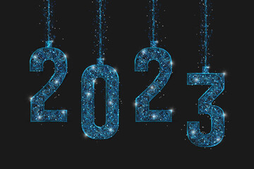 Abstract isolated blue image of new year number 2023. Polygonal low poly wireframe illustration looks like stars in the blask night sky in spase or flying glass shards. Digital web, internet design. © Katsiaryna